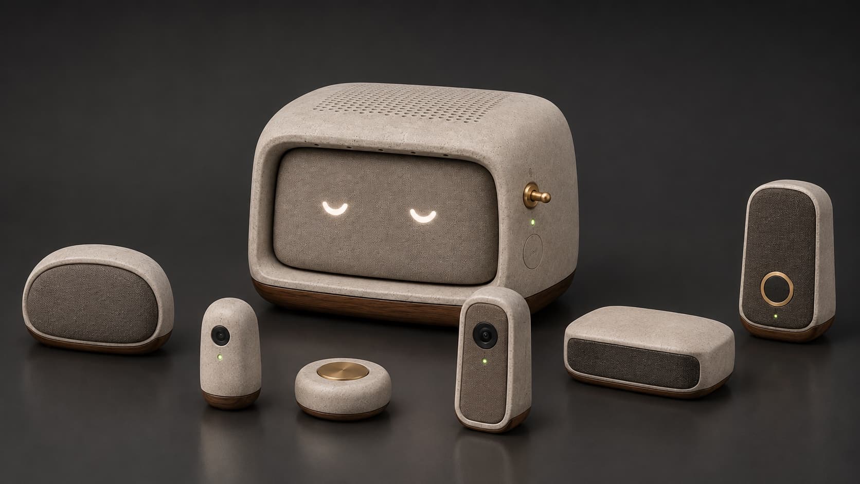 Domovoy with concept room, sensor, button, doorbell, bridge, and energy accessories in a graphite studio.