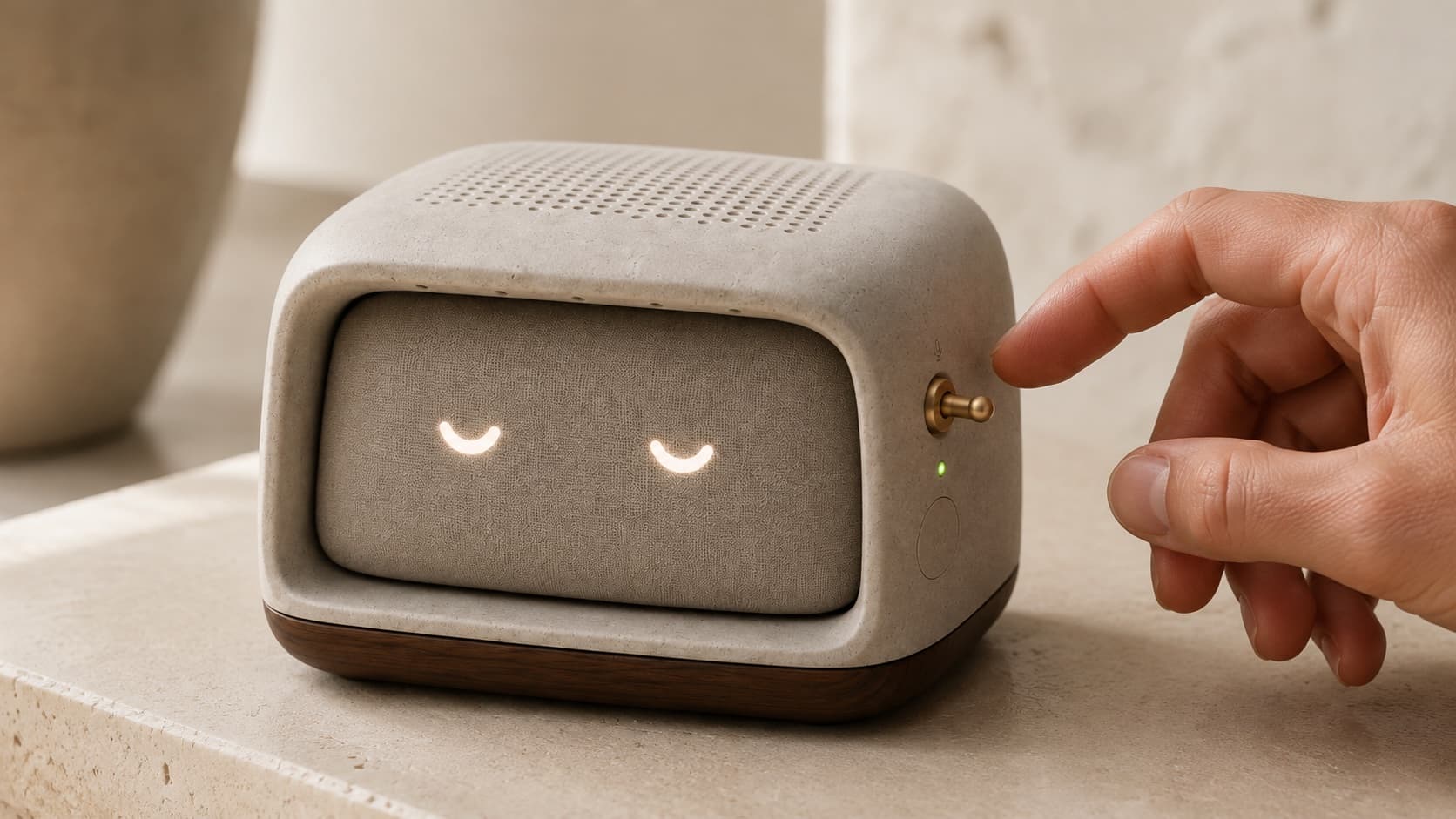 A hand reaching for Domovoy’s brass physical microphone mute switch.