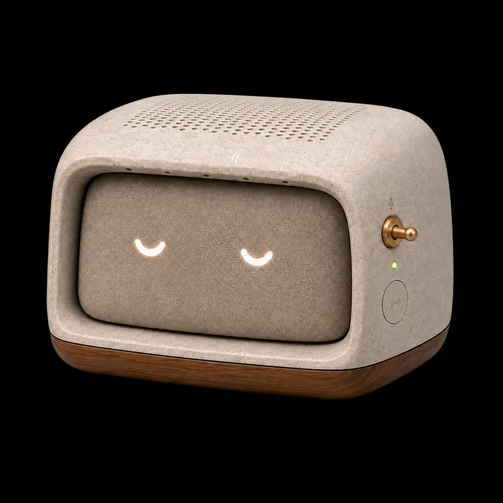 Domovoy’s stone shell, woven face, brass controls, and walnut base in three-quarter view.